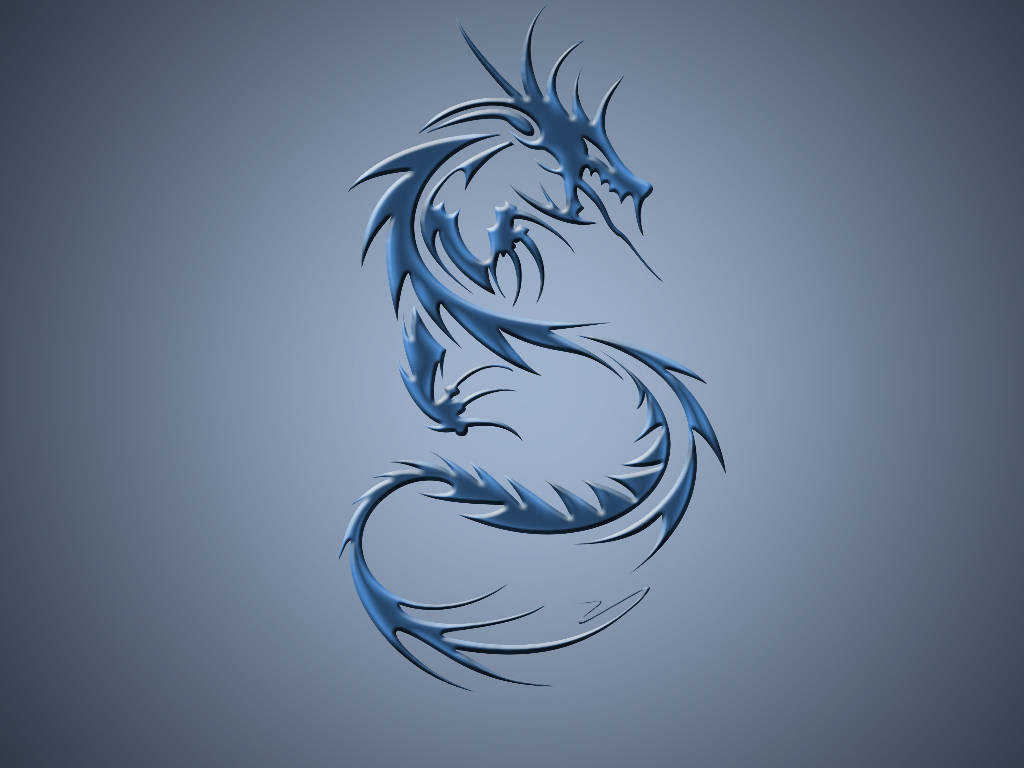 Stylized blue dragon forming an S shape against a muted blue background