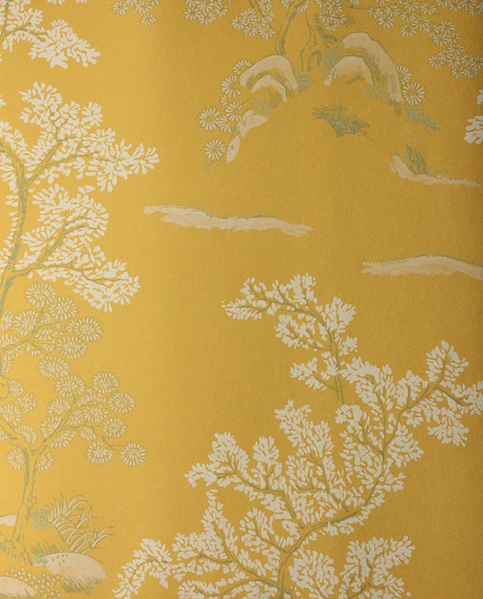  Wallpaper Yellow wallpaper with white and green chinese tree design 534x662
