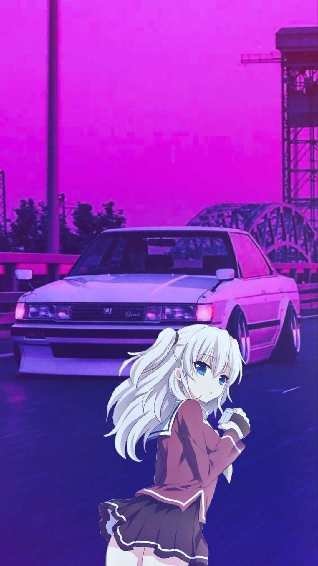 Download White Anime Girl With JDM Car Wallpaper