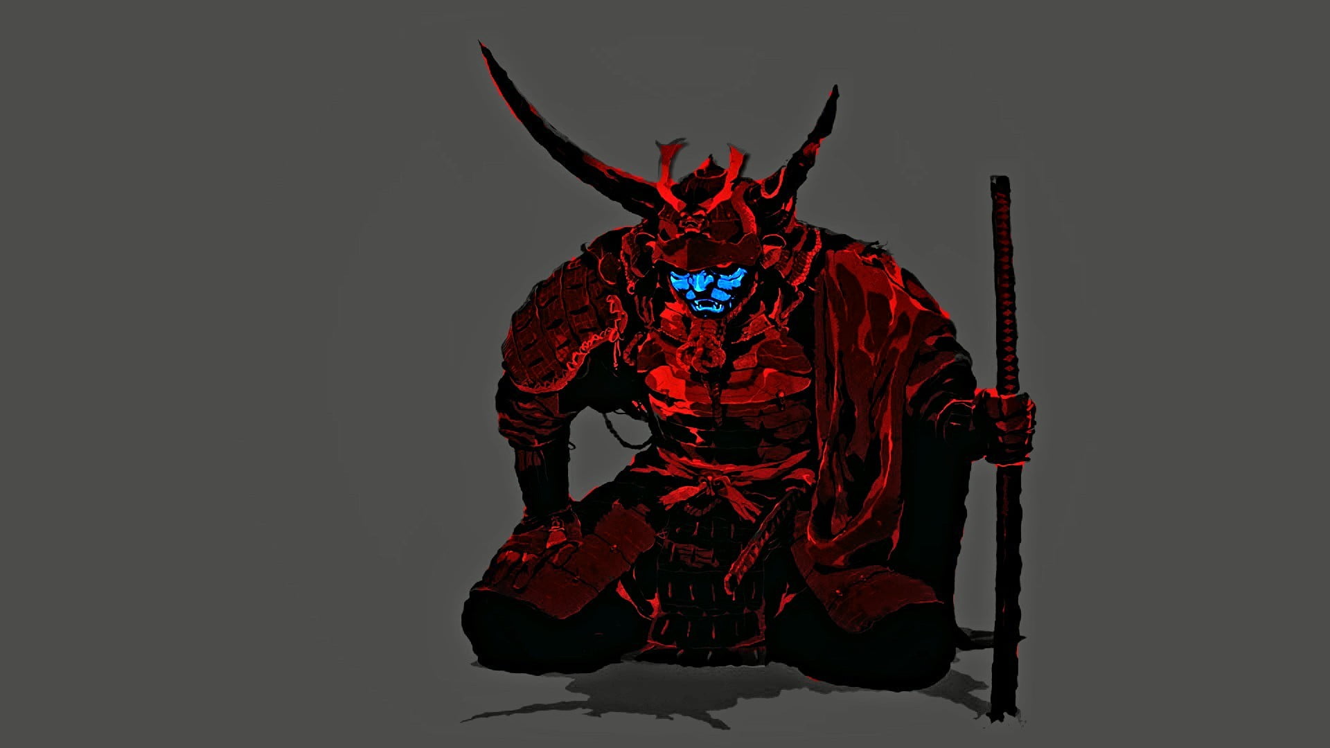 Red And Blue Oni Warrior Illustration Samurai Mask HD