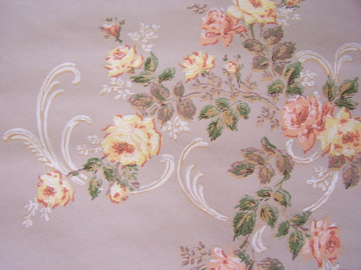 Vintage Wallpaper Pink Peach And Yellow Roses Taupe Background Scroll