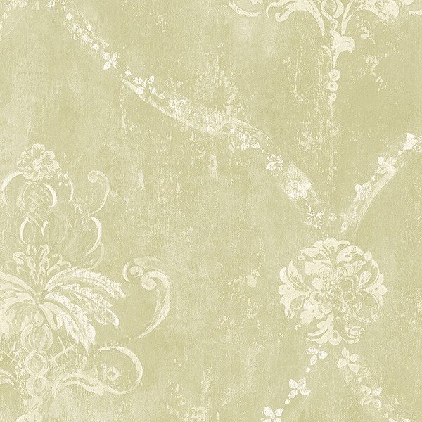  Classic Soft Green and Cream Weathered Damask Wallpaper GC29804