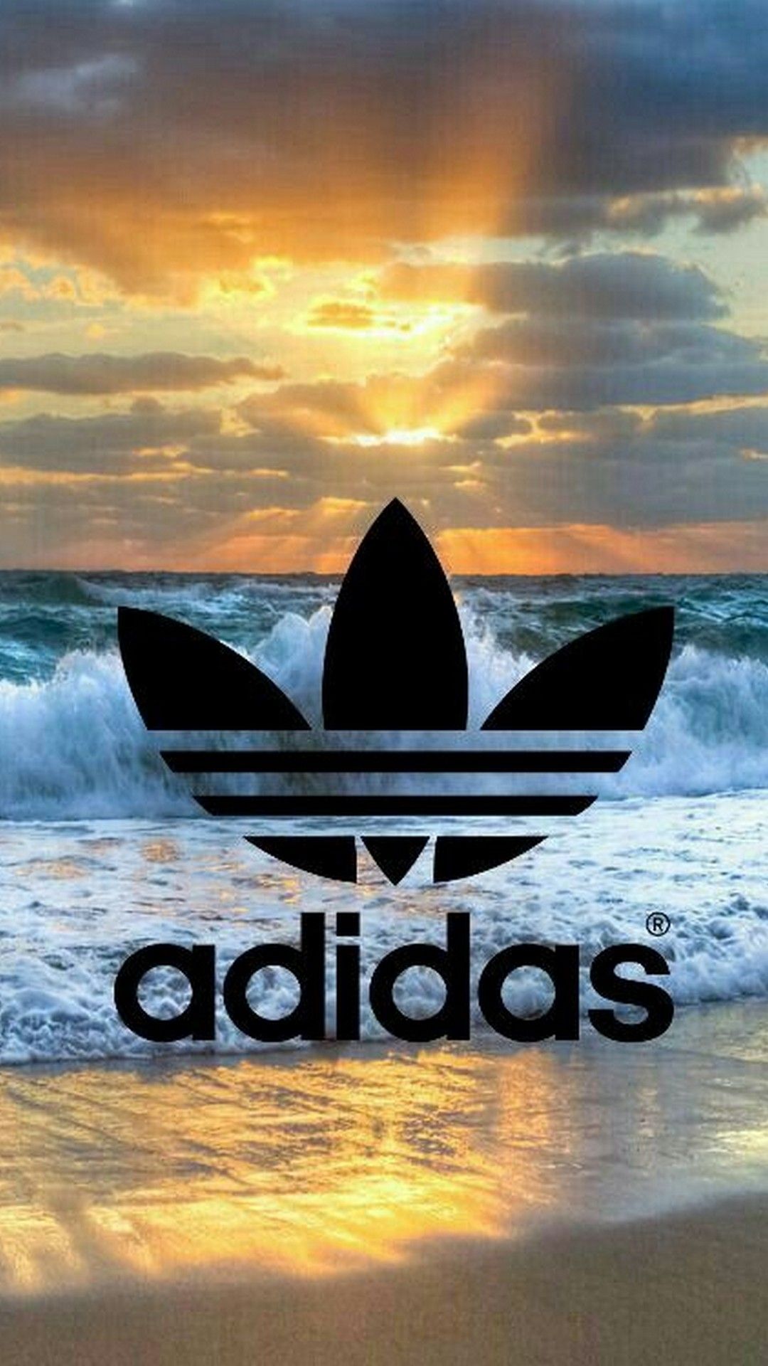 Adidas logo overlaid on a beautiful beach sunset image, evoking a sense of summer vibes and sporty style