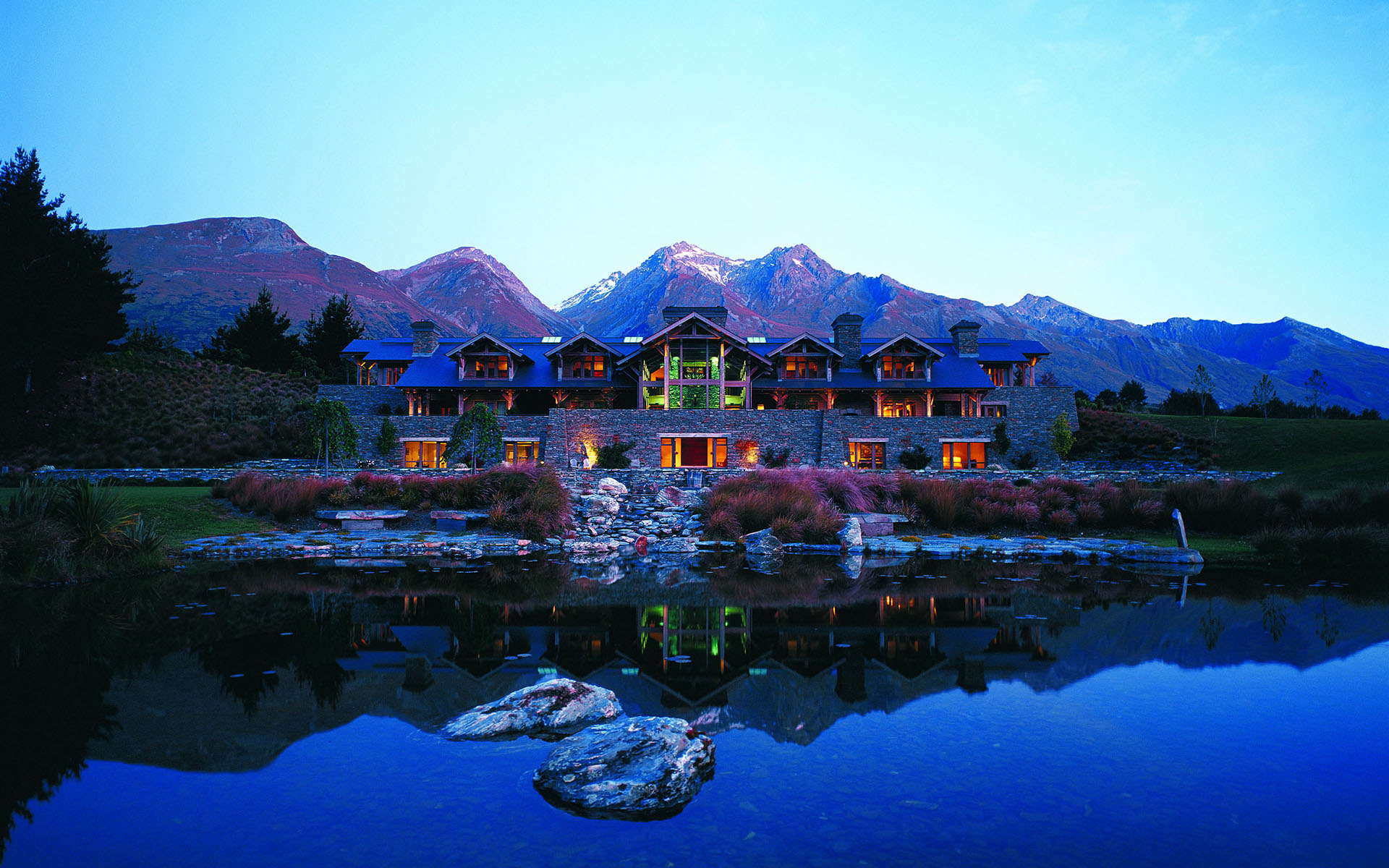 New Zealand Pond Hotel Reflection Mountains lakes wallpaper background