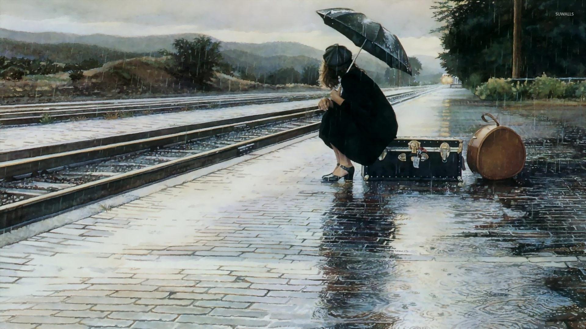 Waiting For The Train In Rain Wallpaper Artistic