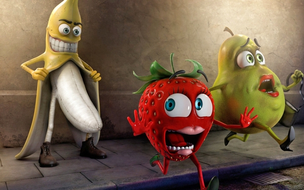  funny bananas strawberries exhibitionism pear Humor Wallpapers