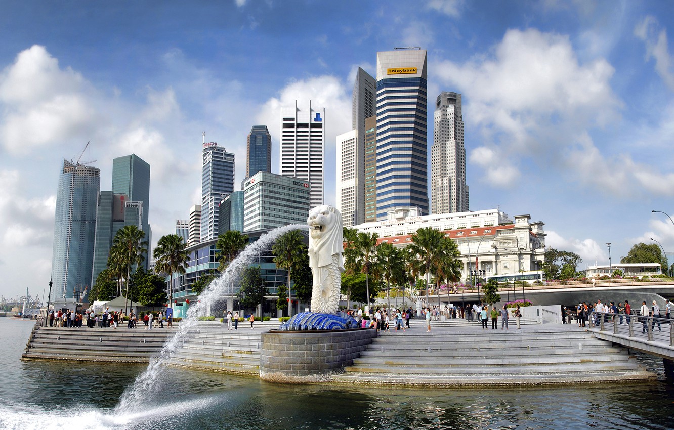 Wallpaper Street Skyscrapers Singapore Fountain Merlion Park