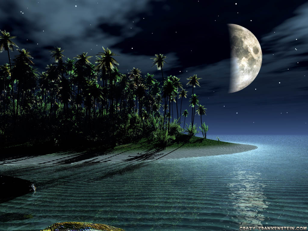 Wallpaper Island And Moon 3d Landscape