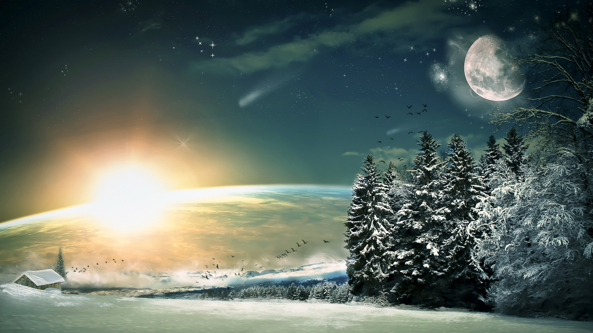 Wood Sun Light Winter Snow Fantasy Stars Descent HD Background