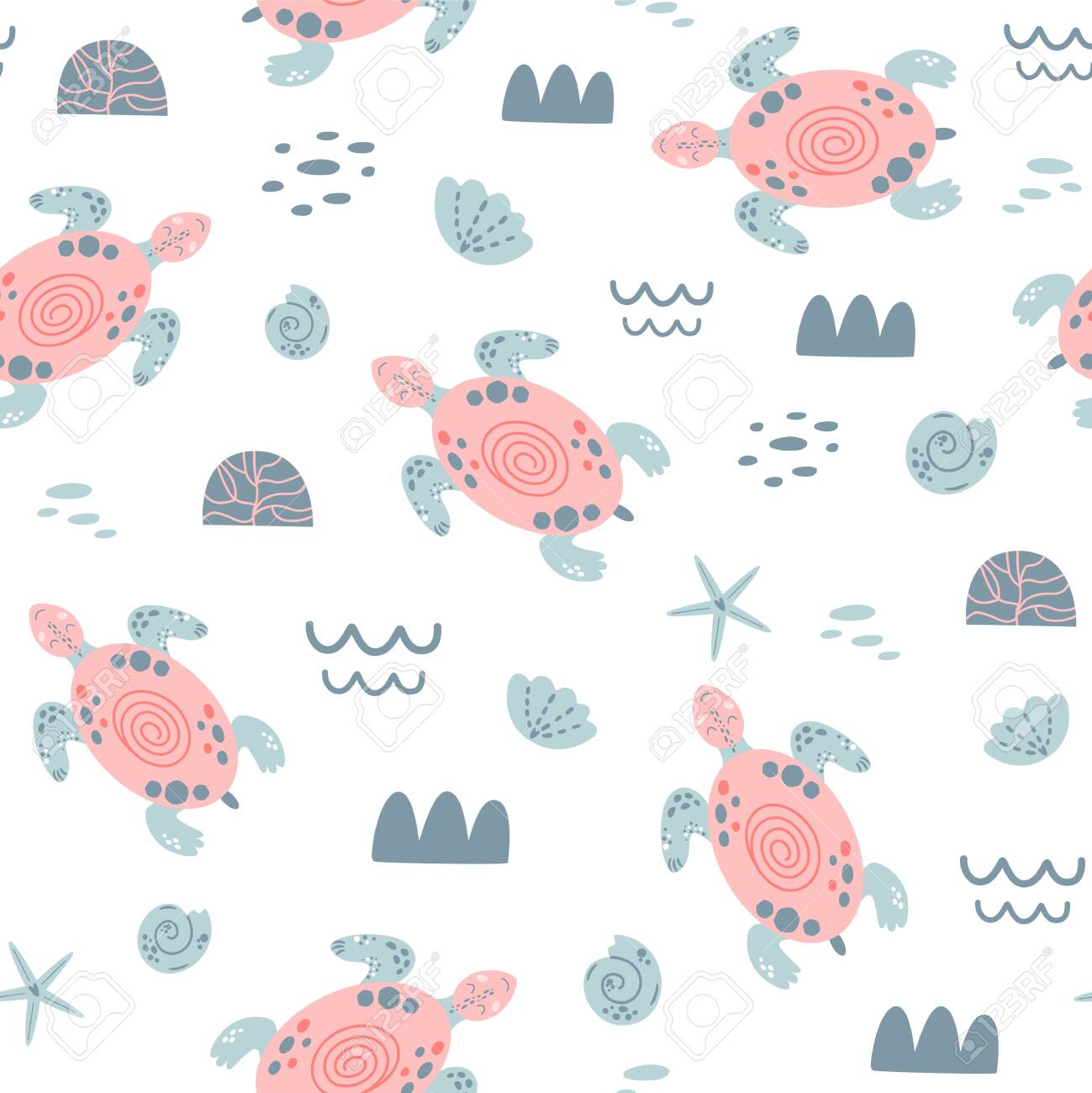 Pink Sea Turtle Seamless Pattern Cute Swimming Turtles Girls