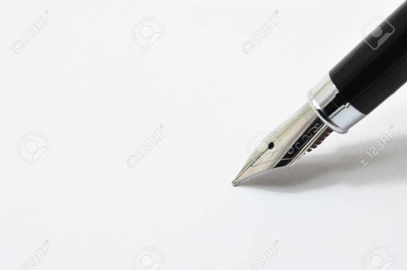 Metal Ink Pen And White Large Paper Background Stock Photo