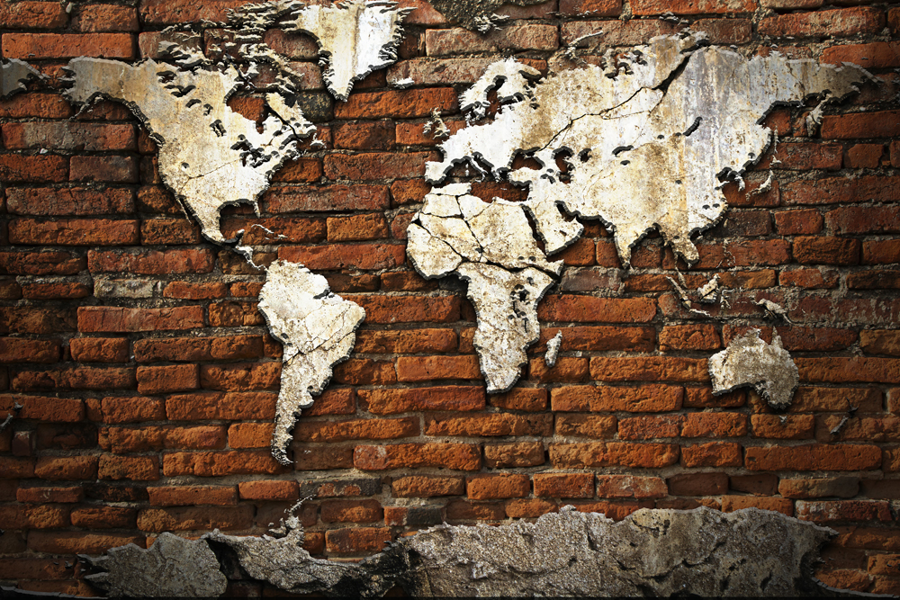 Grunge Concrete World Map On Old Brick Wall Mural Ohpopsi Wallpaper