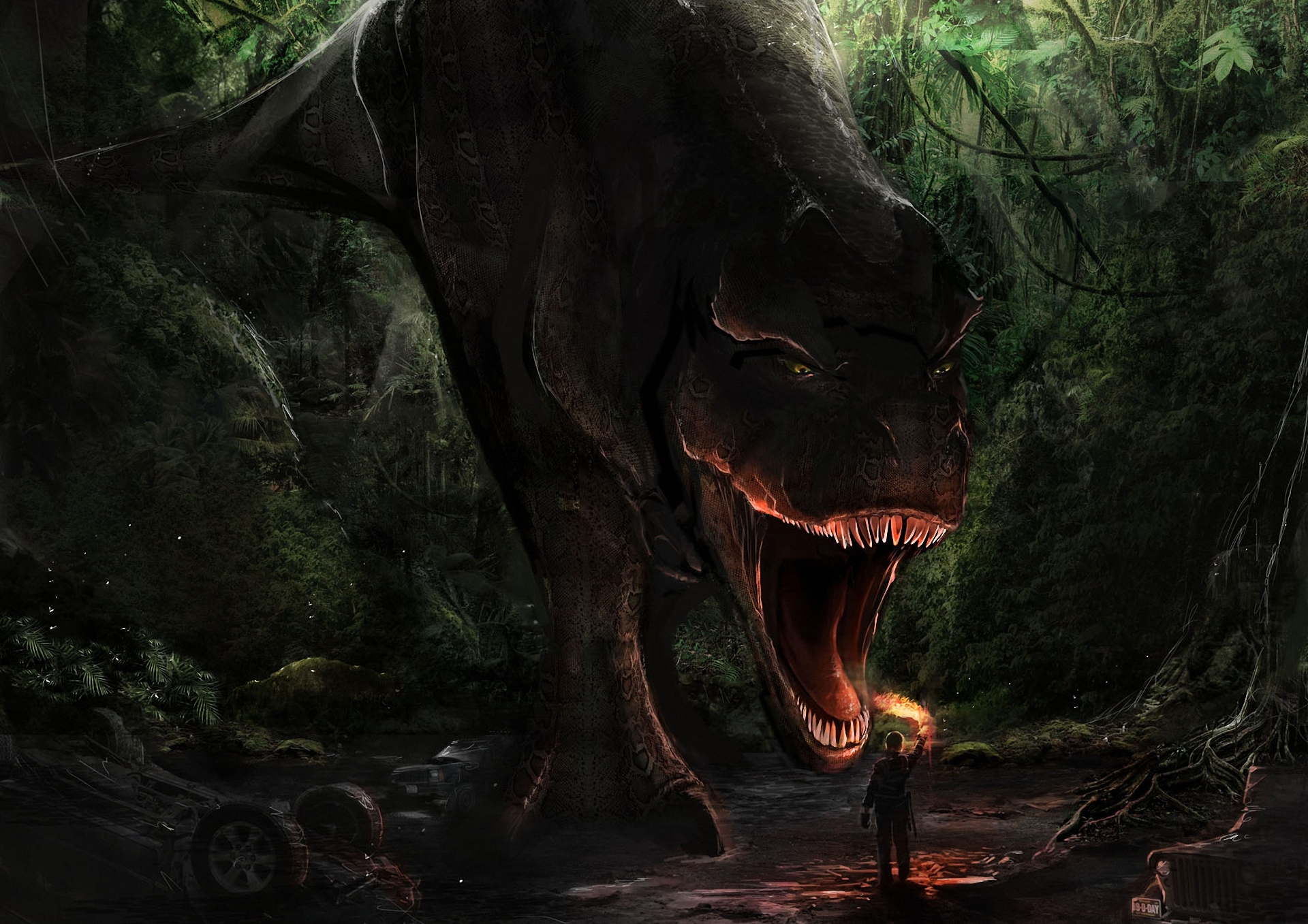 Wallpaper Art Dinosaur T Rex A Forest Man Torch Mouth