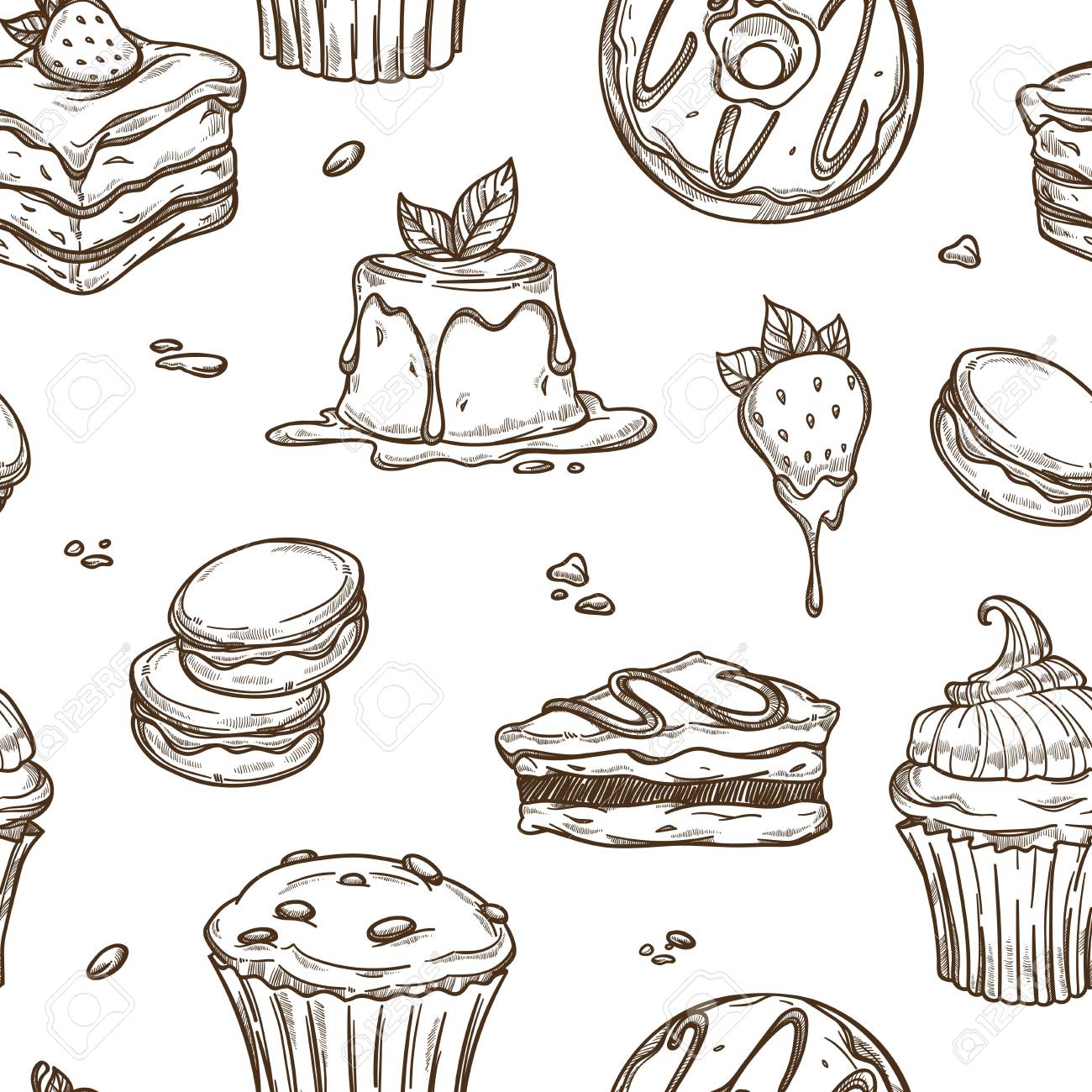 Cakes And Desserts Sketch Pattern Background Vector Seamless