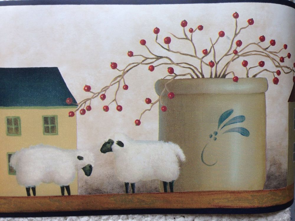 Primitive Wallpaper Border With Saltbox Houses Barns Sheep Berries