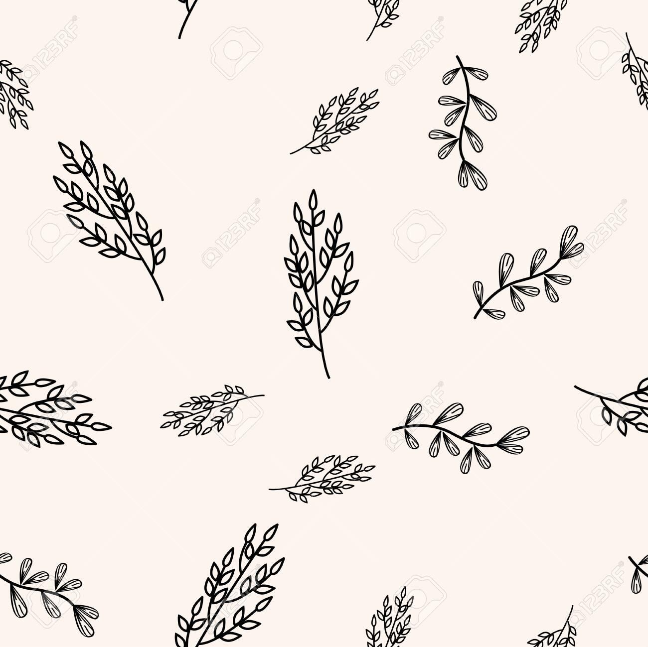 Simple Black And Beige Plants Background Floral Seamless Pattern