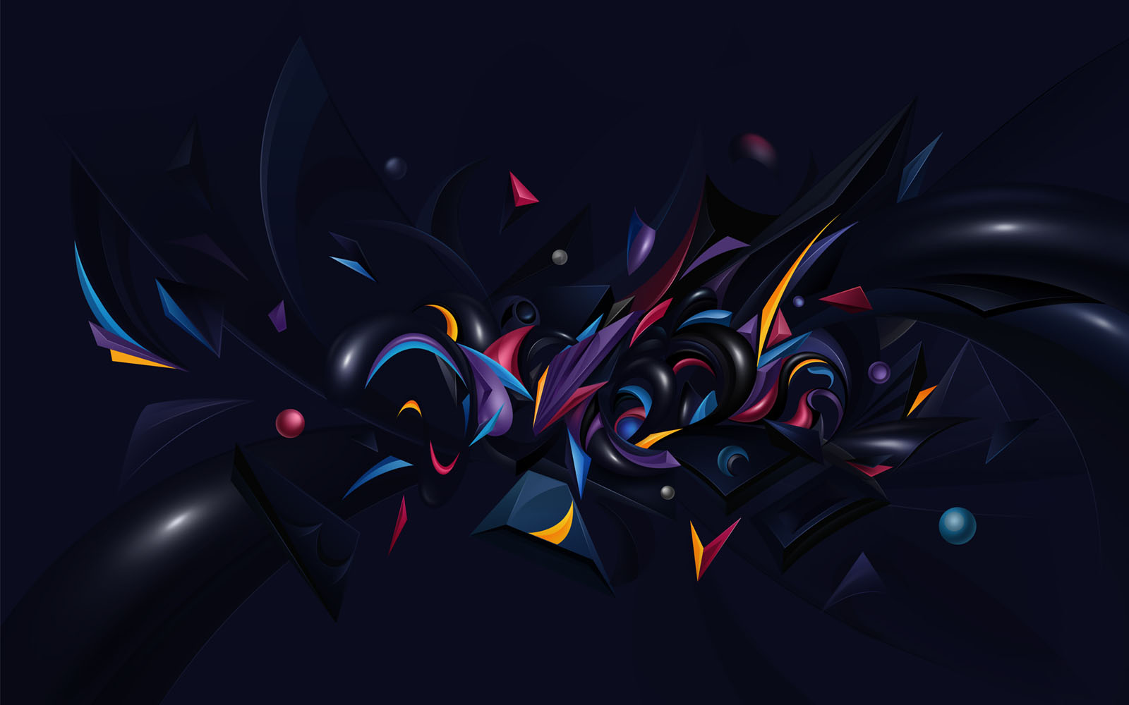 A dynamic abstract composition featuring 3D shapes and vibrant colors against a dark background