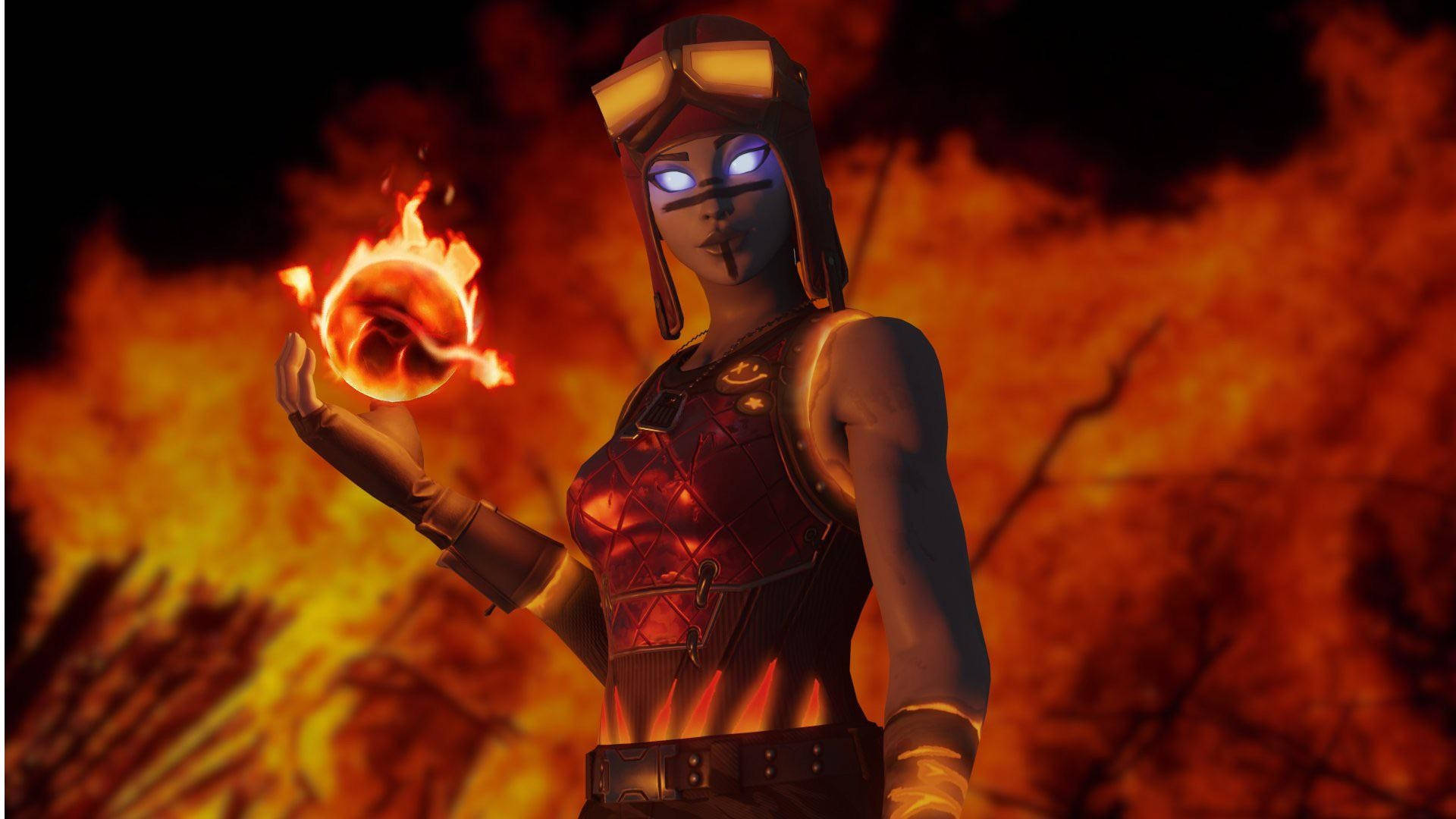 A fierce female raider character from Fortnite, standing against a backdrop of intense flames, holding a fiery orb in her hand