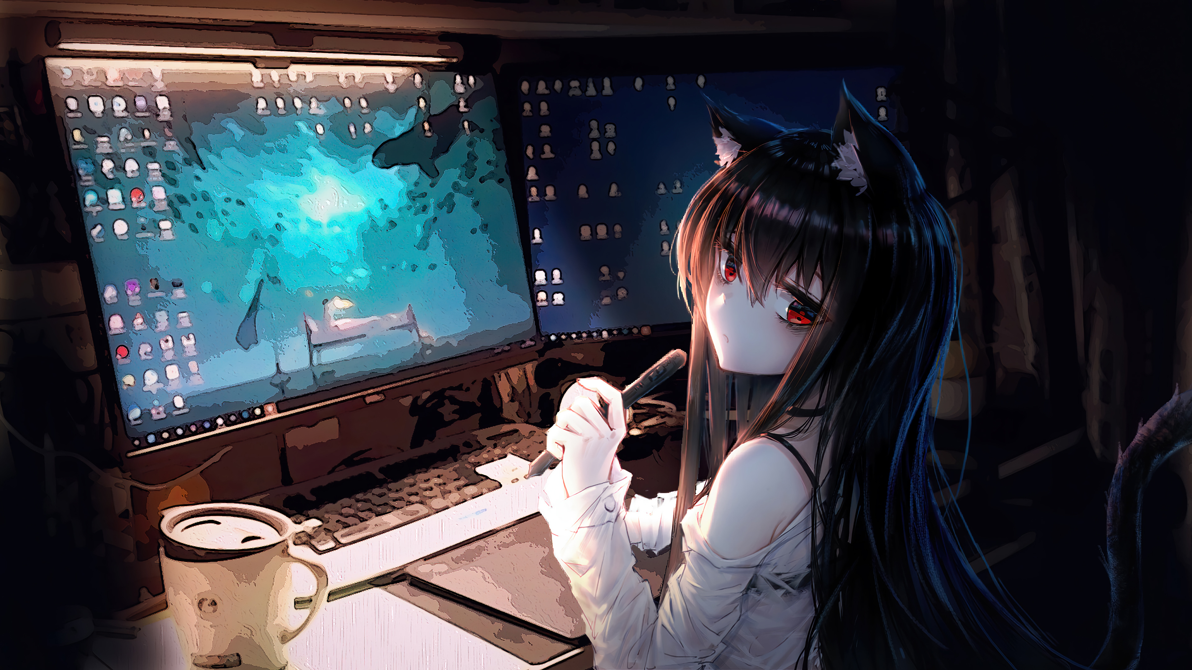 Anime girl with cat ears drawing on a tablet at her desk, illuminated by the glow of her dual monitors displaying a fantasy game interface