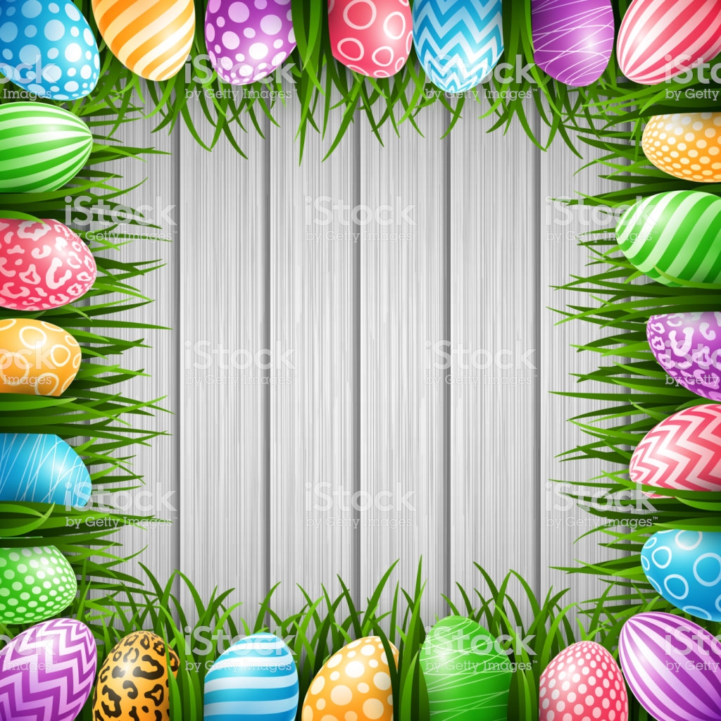 Happy Easter Background With Colored Eggs And Grass On Wood Wall