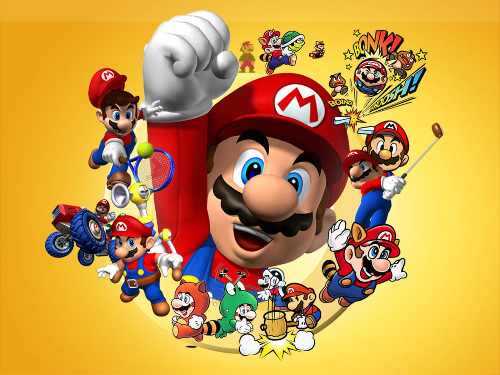 Collage of Super Mario characters in different poses and activities