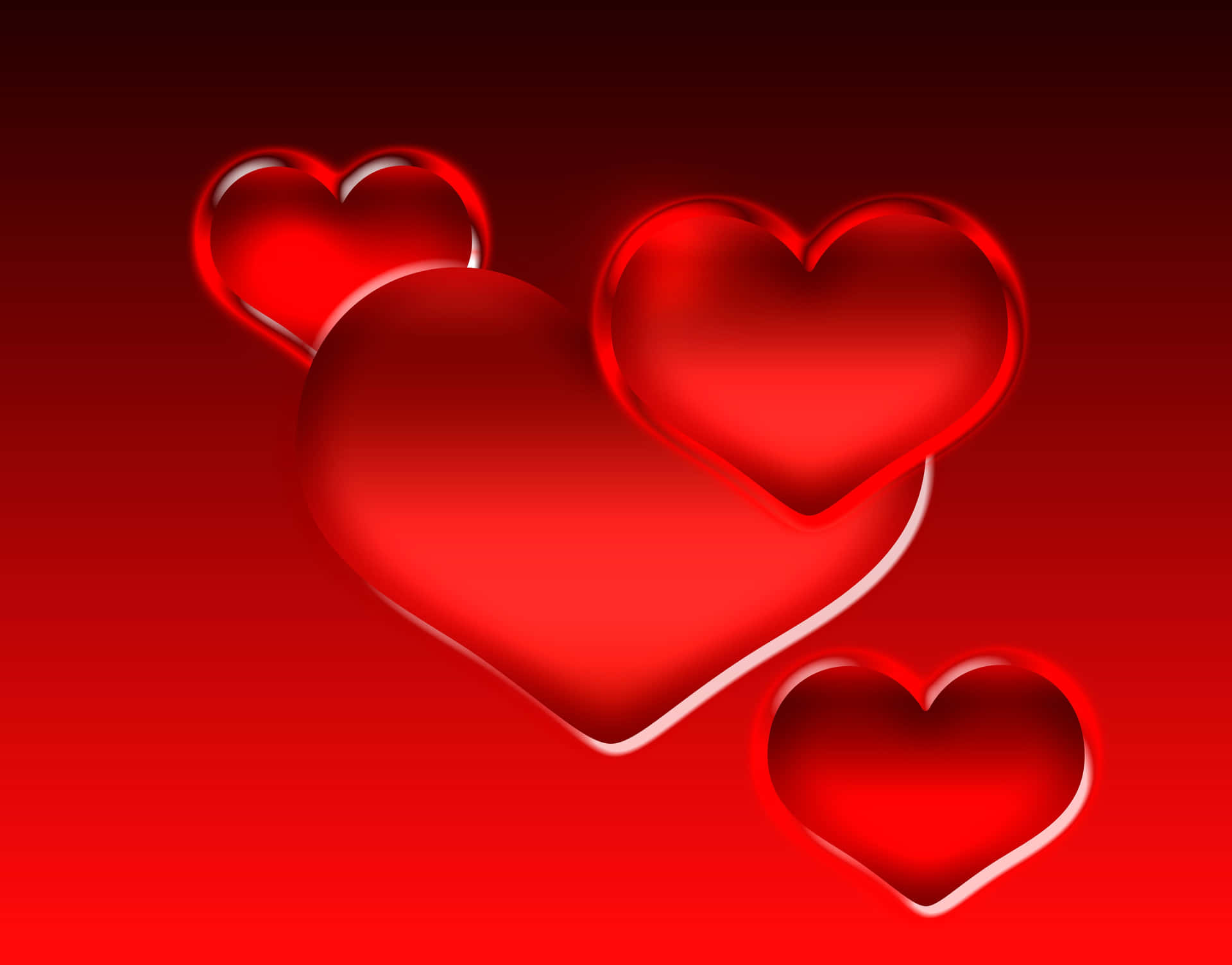 Three glossy red hearts on a gradient red background, creating a romantic and Valentine's Day themed image
