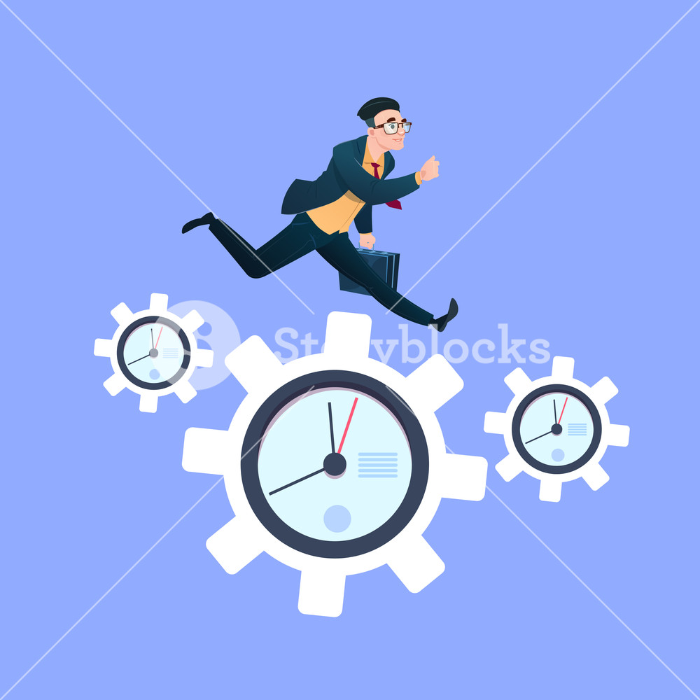 Businessman Running On Clock Cogwheels Over Blue Background Gear