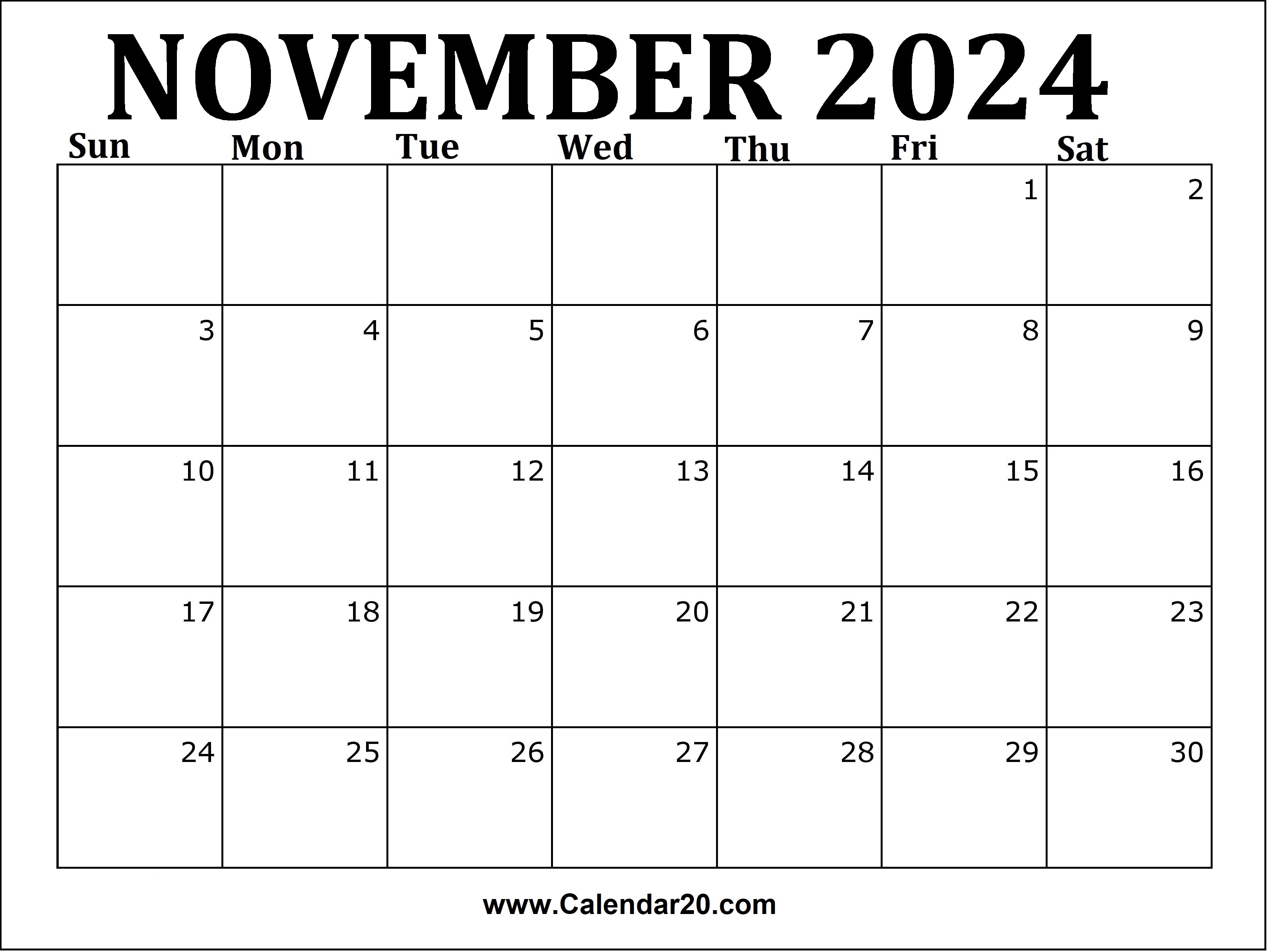 November 2024 Calendar: A simple and clean monthly calendar for November 2024