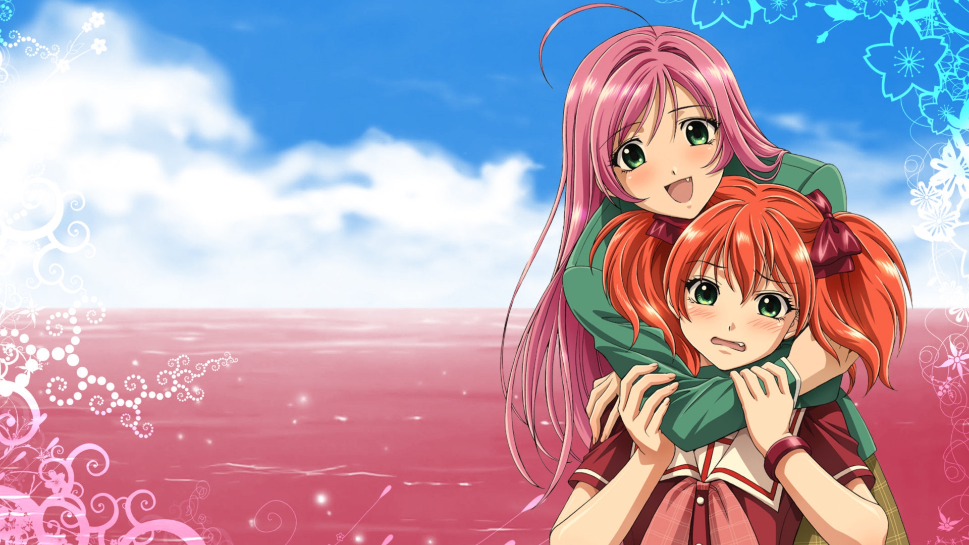 Two anime girls embracing against a backdrop of a pink seascape and blue sky