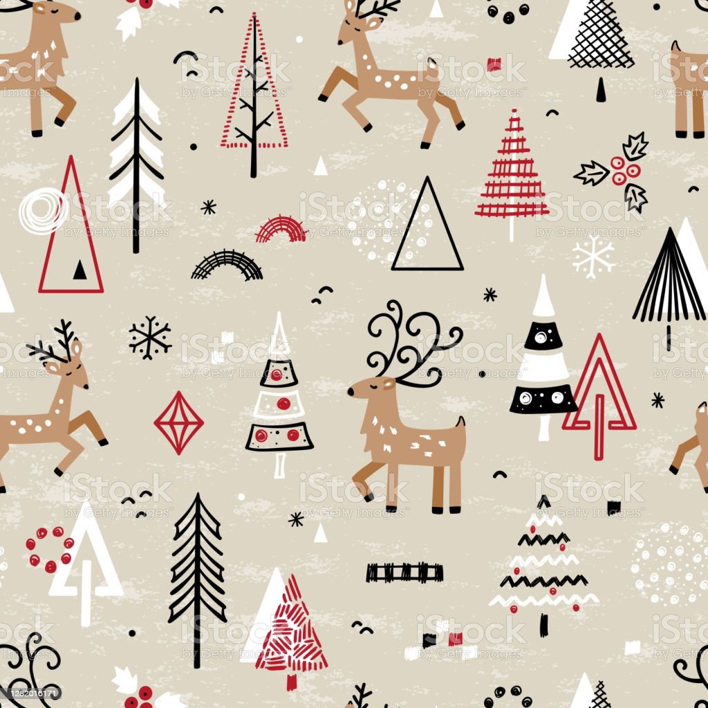 Christmas Seamless Vector Pattern With Doodle Deers And