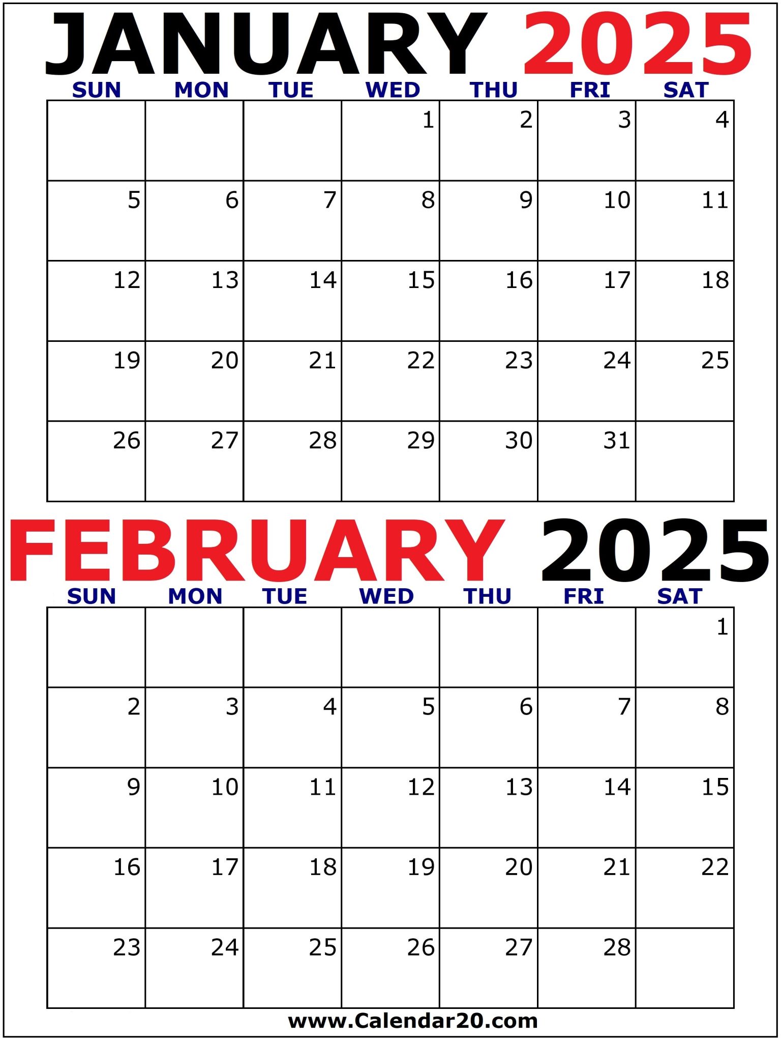 February 2025 Calendar: A clean, printable two-month calendar view for January and February 2025