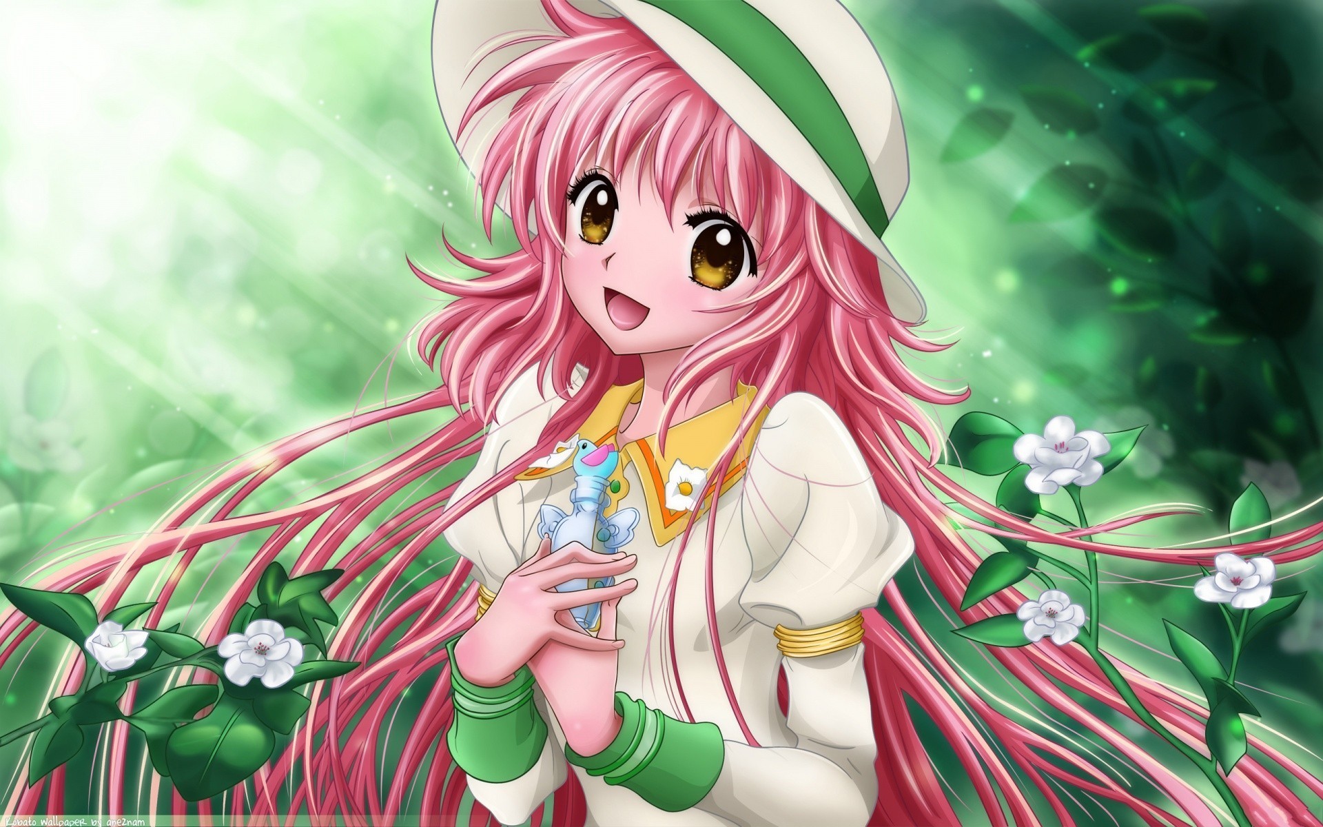 A cute anime girl with long pink hair, a white hat, and a white dress, holding a small, colorful creature. She is smiling happily in a lush green background with white flowers