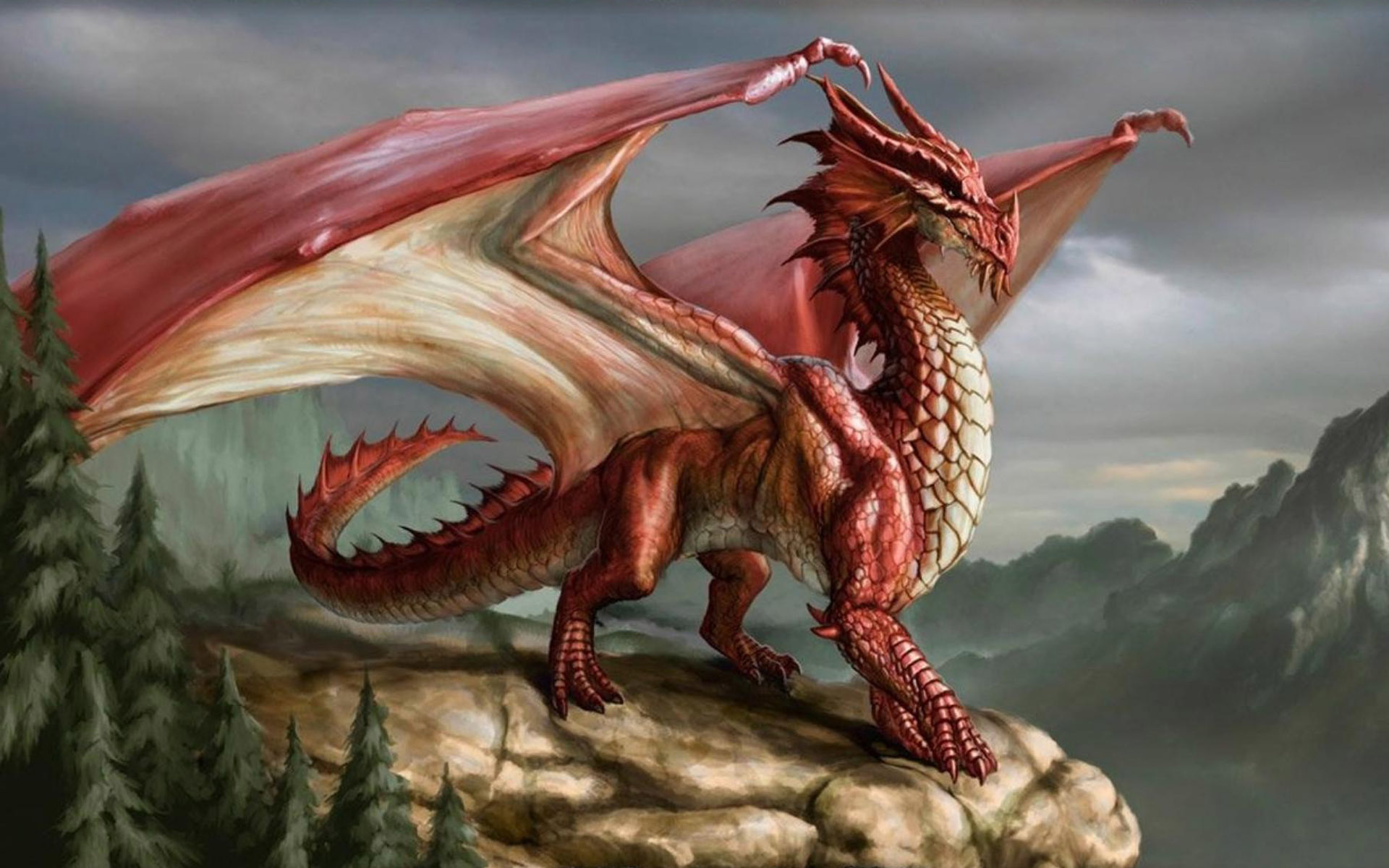 Red dragon on a cliff wallpaper 5271