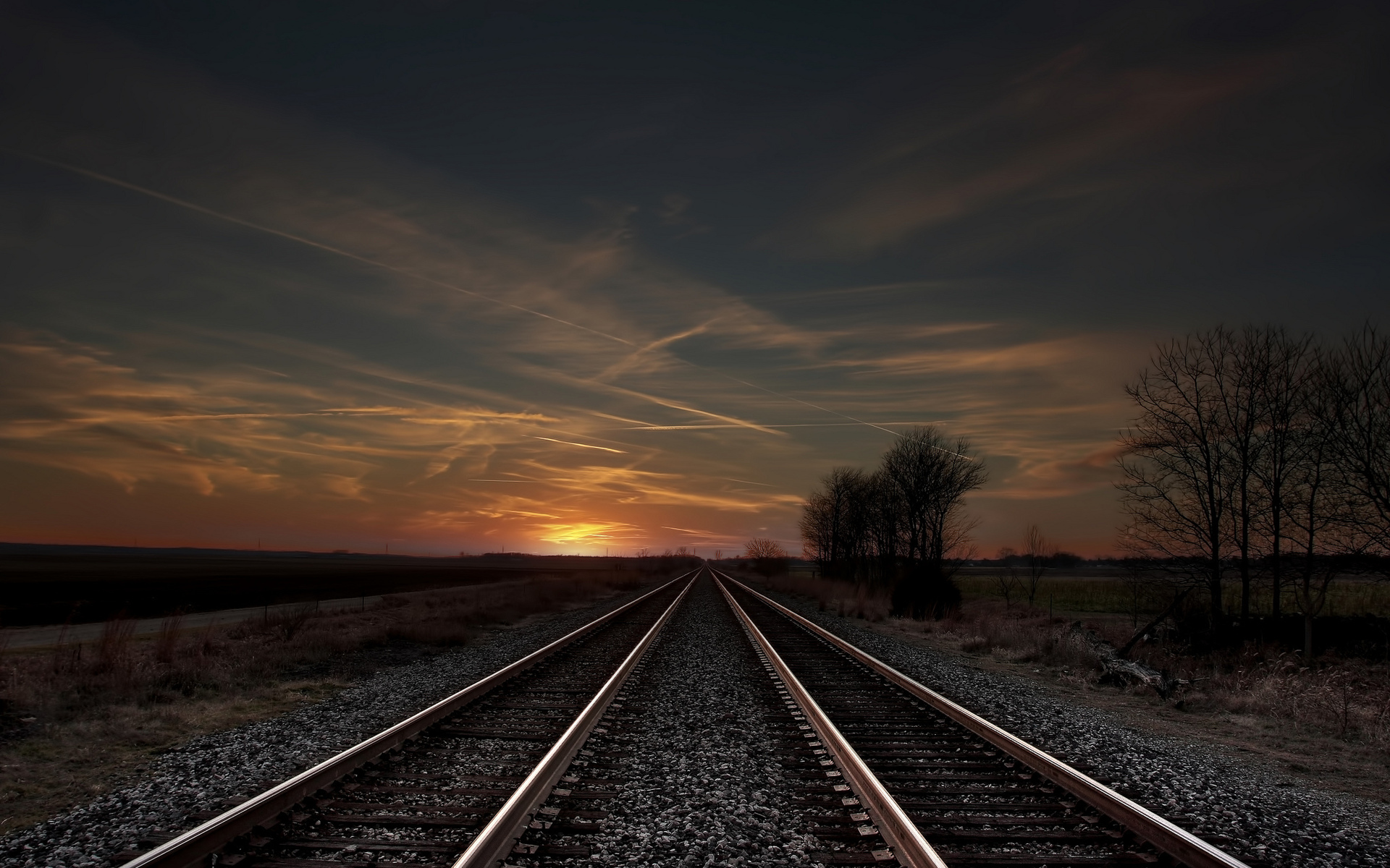 track field sunset evening trees railroad wallpaper background