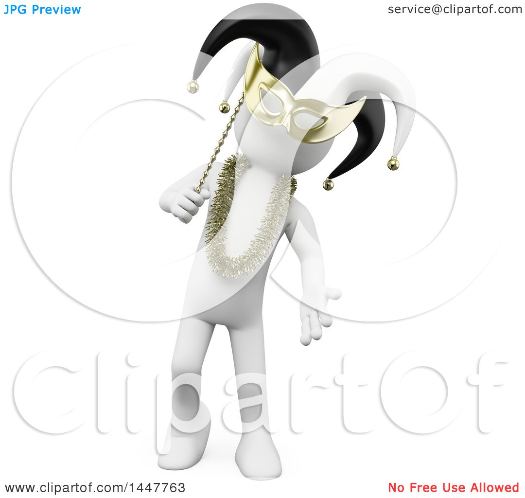 Clipart Of A 3d White Man In Carnival Mask And Aht On