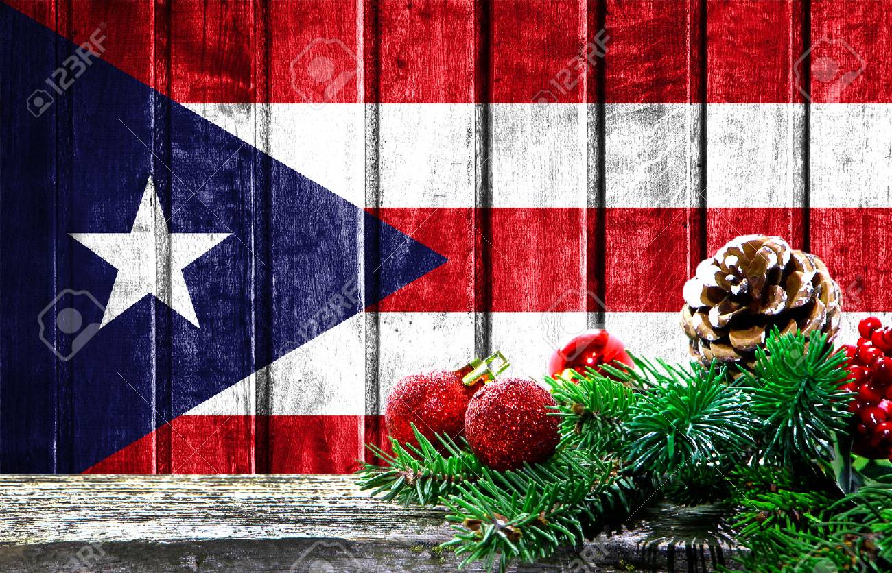 Wooden Christmas Background With A Flag Of Puerto Rico There
