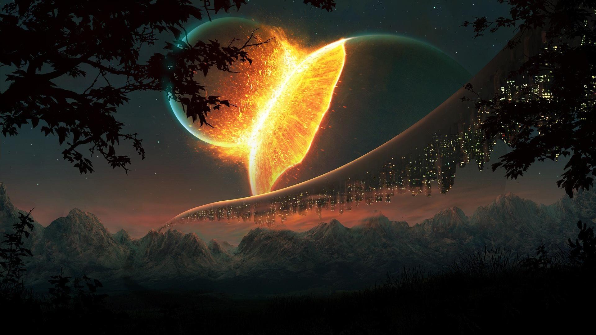 A breathtaking astronomy wallpaper showcasing two planets colliding in a fiery explosion, with a futuristic city seemingly suspended from a ring-like structure around one of the planets. The dramatic scene is viewed from a mountainous landscape, with silhouetted trees framing the cosmic event