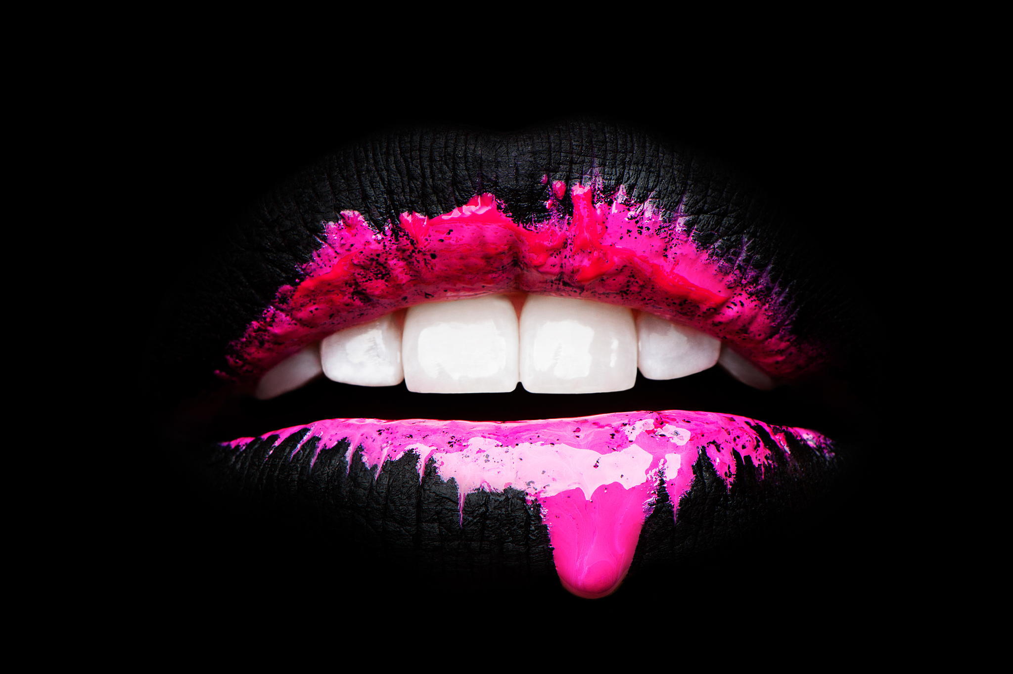 Lips Teeth Fashion Style Pink Drop Black Background Wallpaper