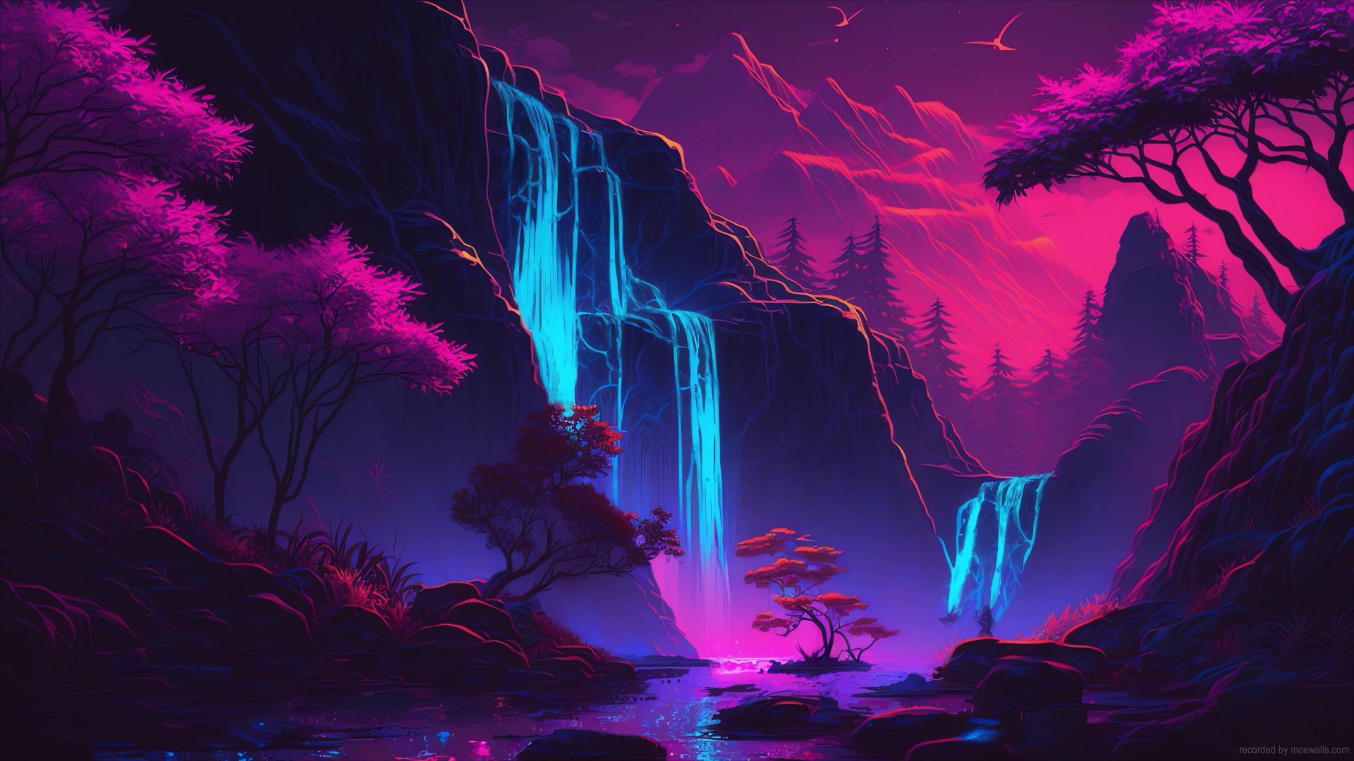 Vivid neon landscape with waterfalls, glowing trees, and a vibrant pink and blue color scheme