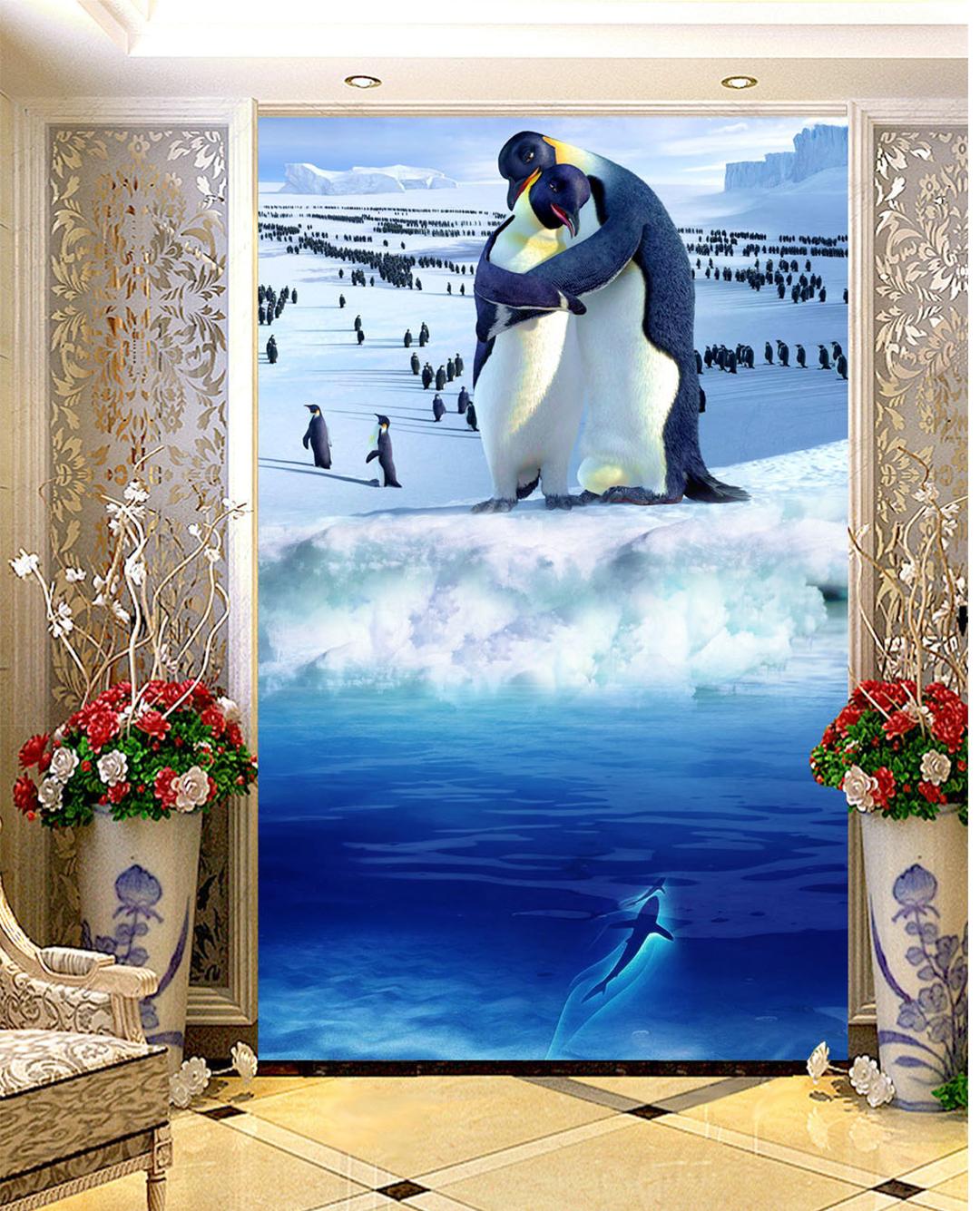 Customized Retail Beautiful Couple Penguin Deep Sea 3d Porch Mural