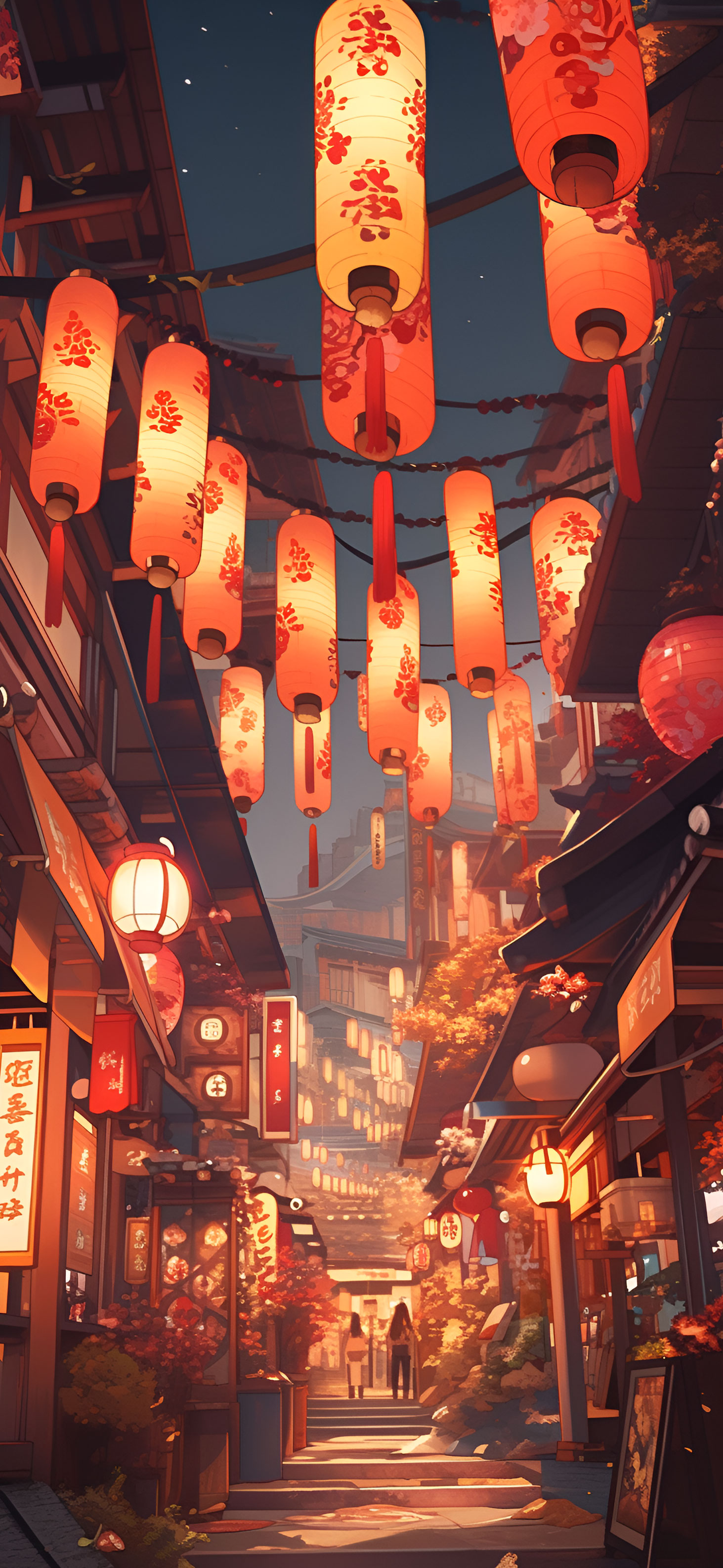A cozy, warm, and inviting cityscape at dusk, illuminated by glowing paper lanterns and the soft light from shop windows, evoking a sense of peace and tranquility