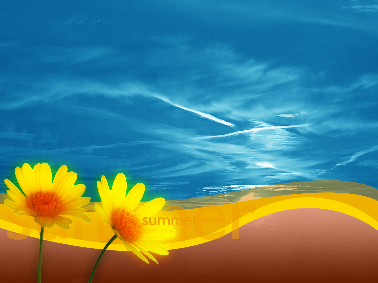 Two vibrant yellow daisies against a backdrop of a stylized beach and a brilliant blue summer sky