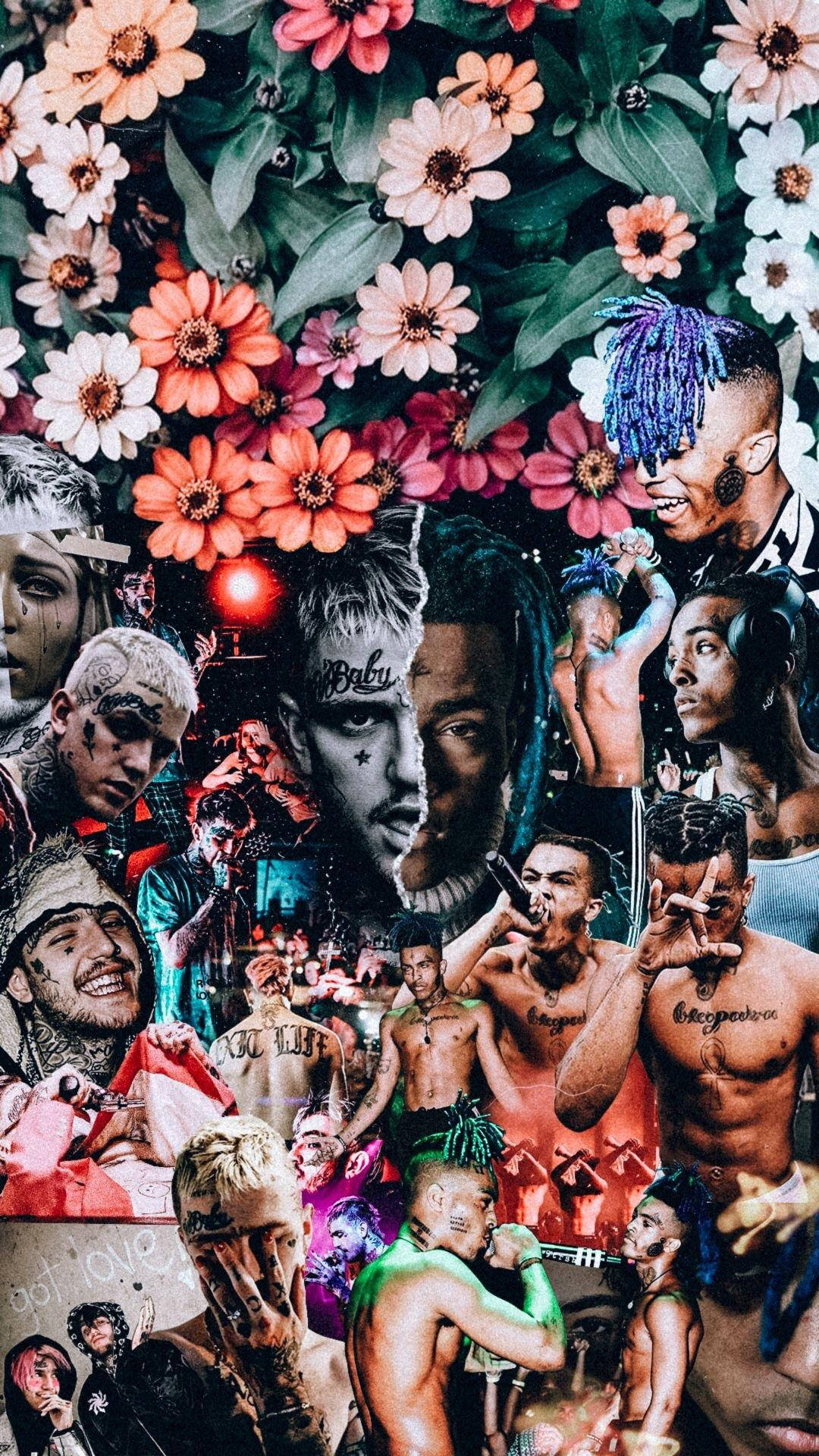 A collage of XXXTentacion images in various poses and settings, overlaid with floral patterns, creating an aesthetic wallpaper