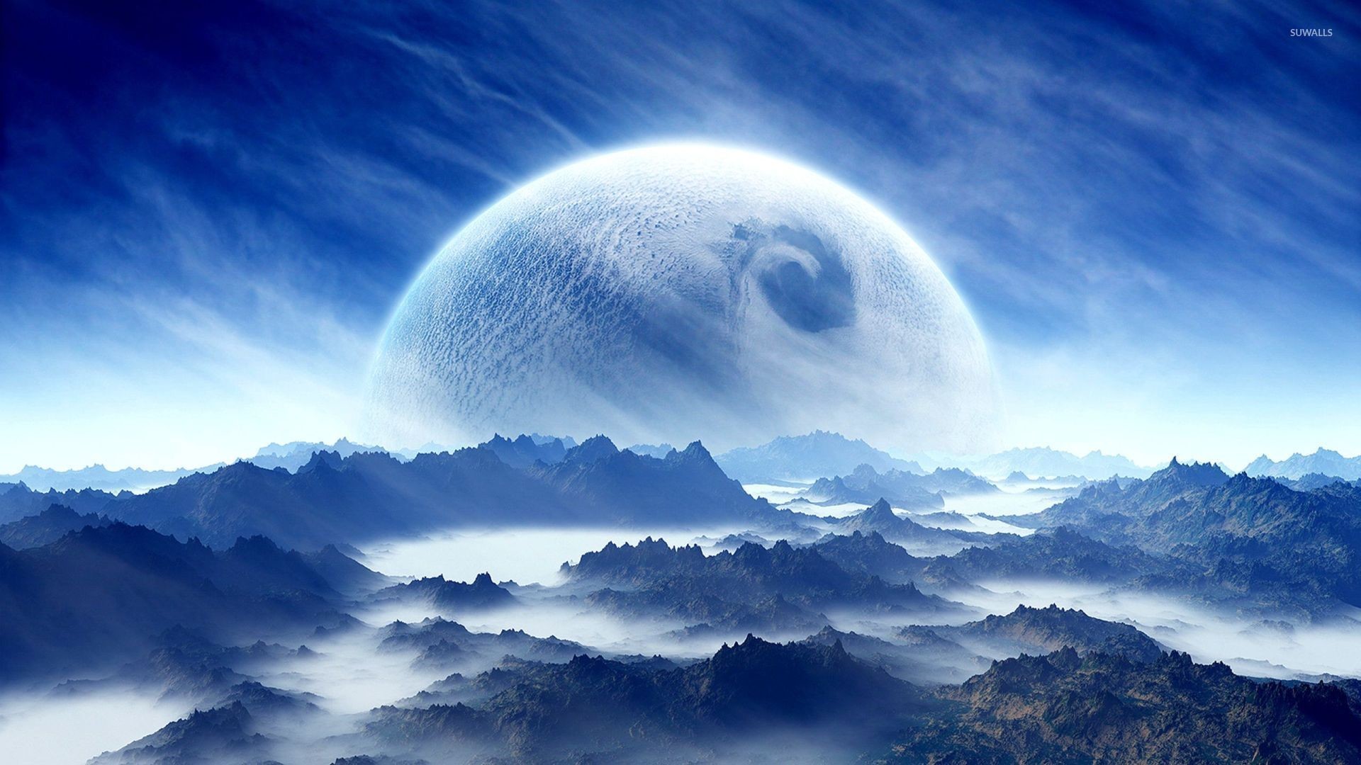A breathtaking vista of a mountainous alien planet under a huge, ethereal, swirling planet in a vibrant blue sky