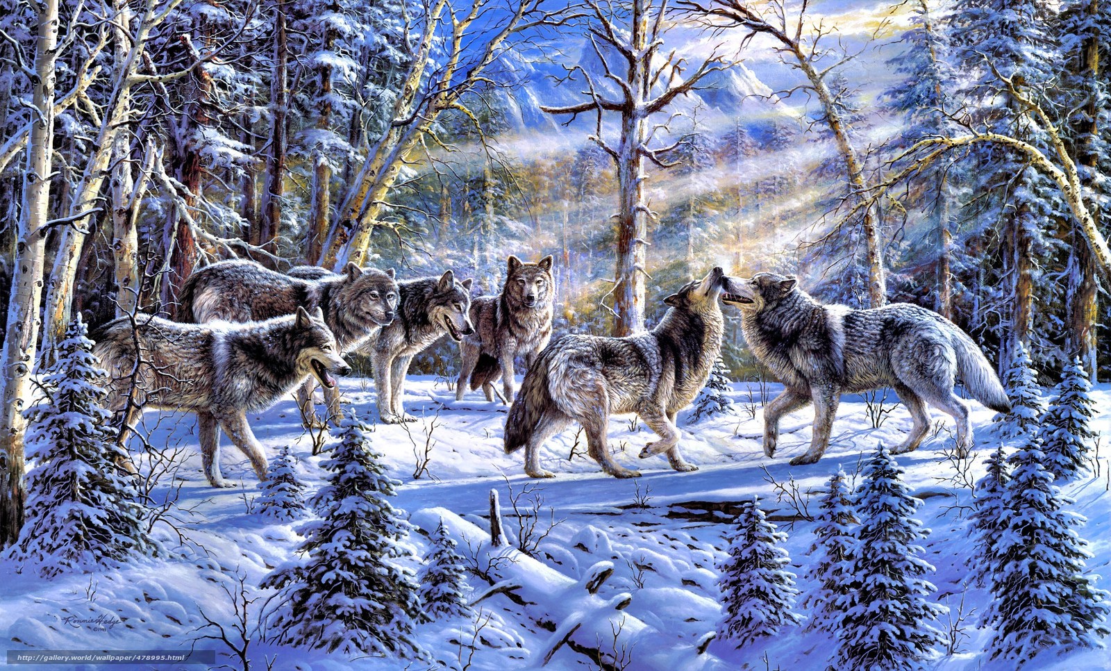 Wallpaper Painting Forest Winter Wolves Desktop