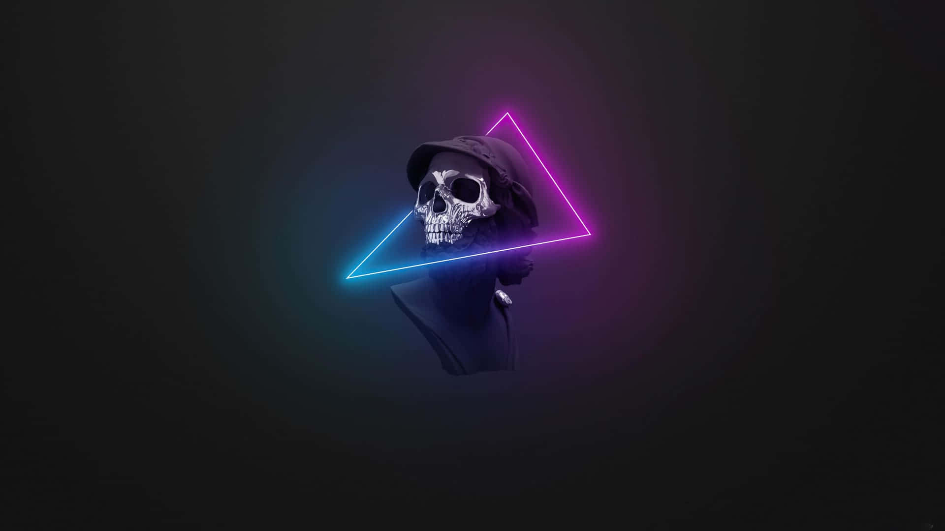 A striking digital art piece featuring a skull-headed bust, seemingly from classical antiquity, juxtaposed with a vibrant neon triangle. The skull's metallic sheen contrasts with the dark background, while the glowing triangle adds a modern, synthwave touch
