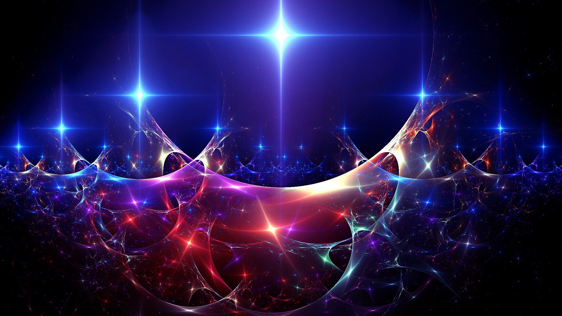 Abstract wallpaper with vibrant blue, red, and purple hues, sparkling stars, and a luminous central cross-shaped light formation, ideal for a cool desktop background