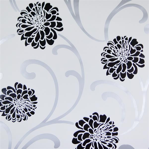 Floral Wallpaper Black Flowers On White Flocked Velvet 10m Roll