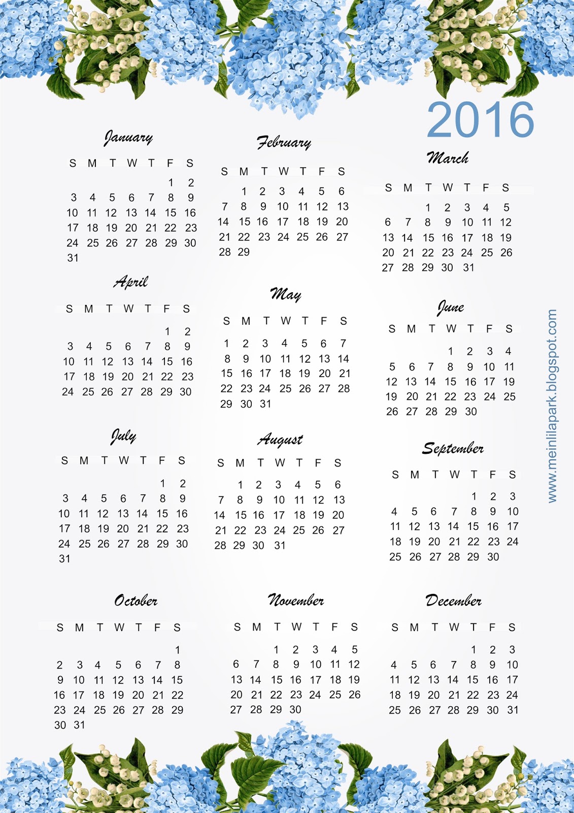 Free printable 2016 hydrangea calendar   ausdruckbarer Kalender