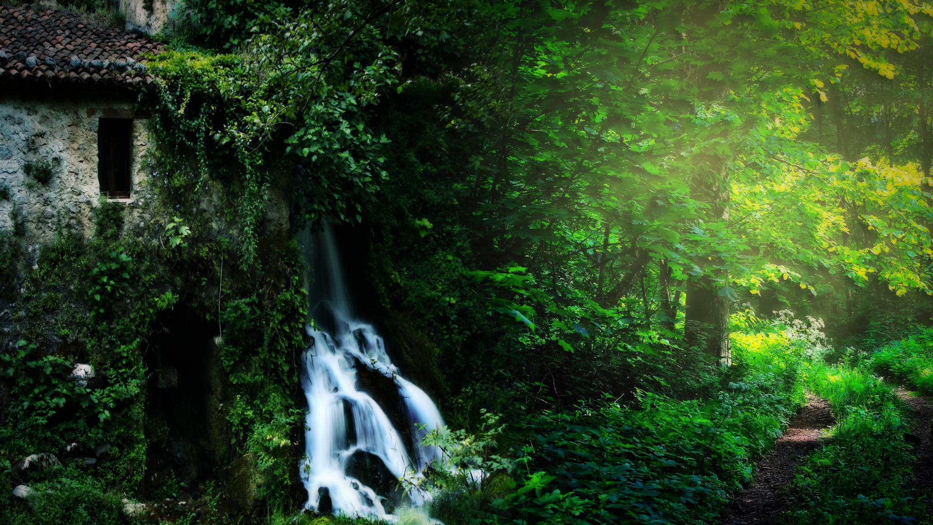 Forest Nature Building Waterfall Landscape Wallpaper